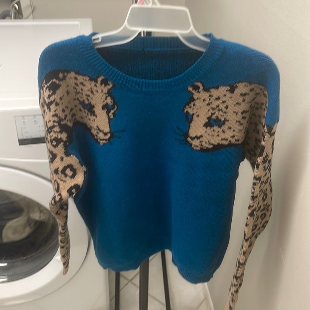 Leopard sleeves awesome blue sweater